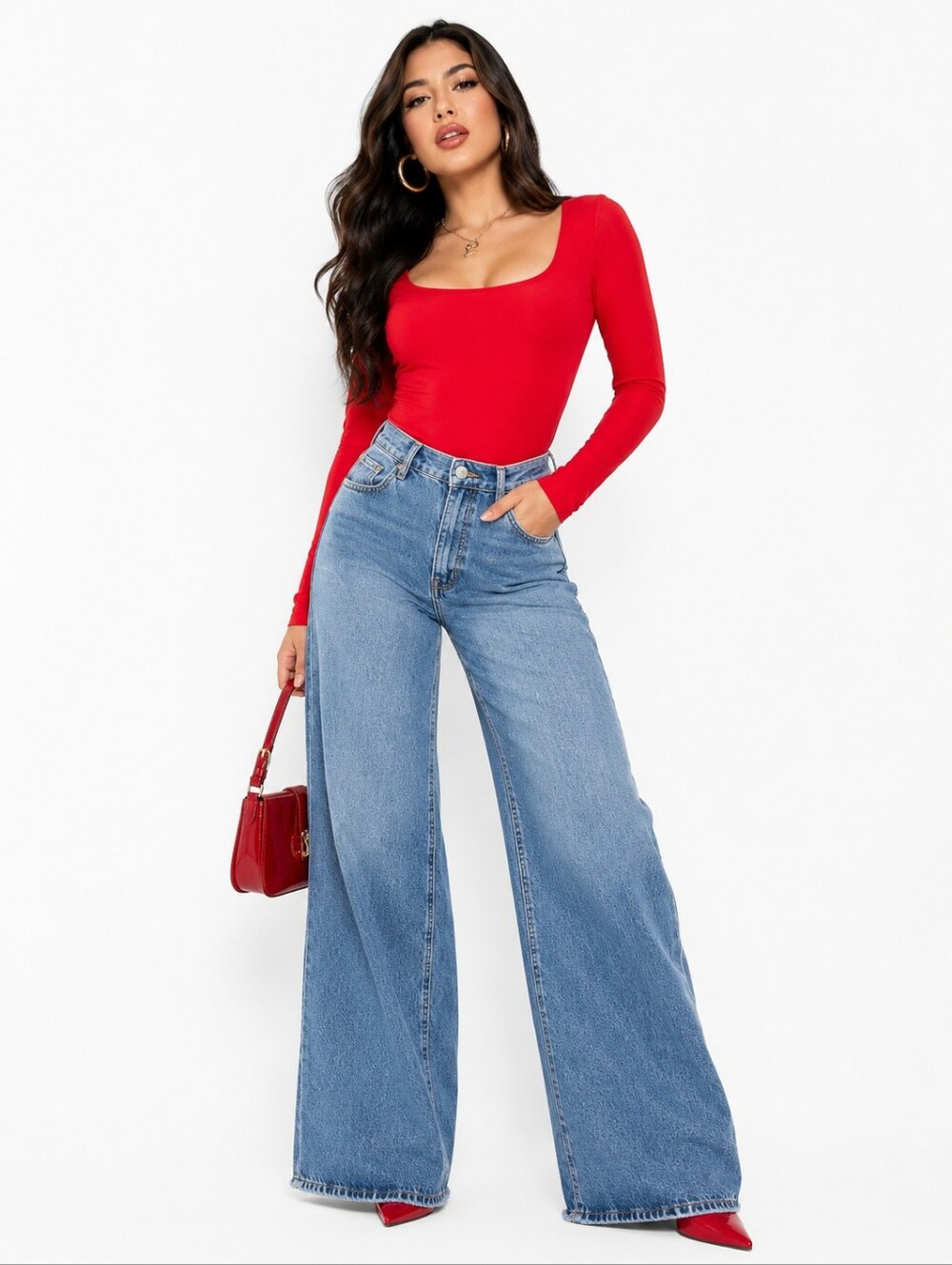 Viral Red Square Neck Bodysuit Women’s Y2K Long Sleeve Stretch Bodycon Fashion